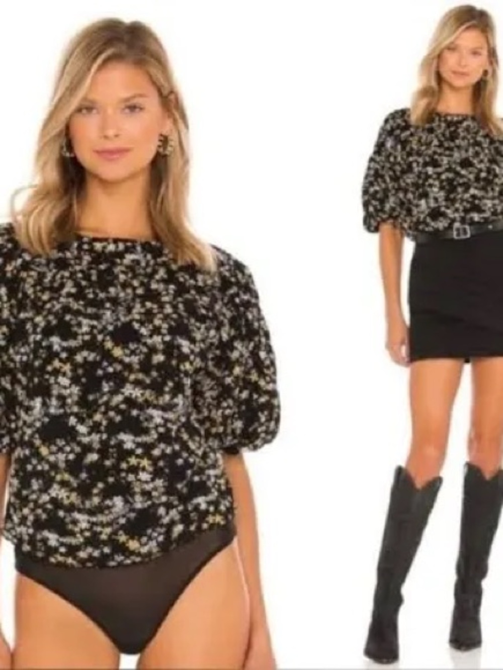 Black Floral Puff-Sleeve Blouse with Square Neck